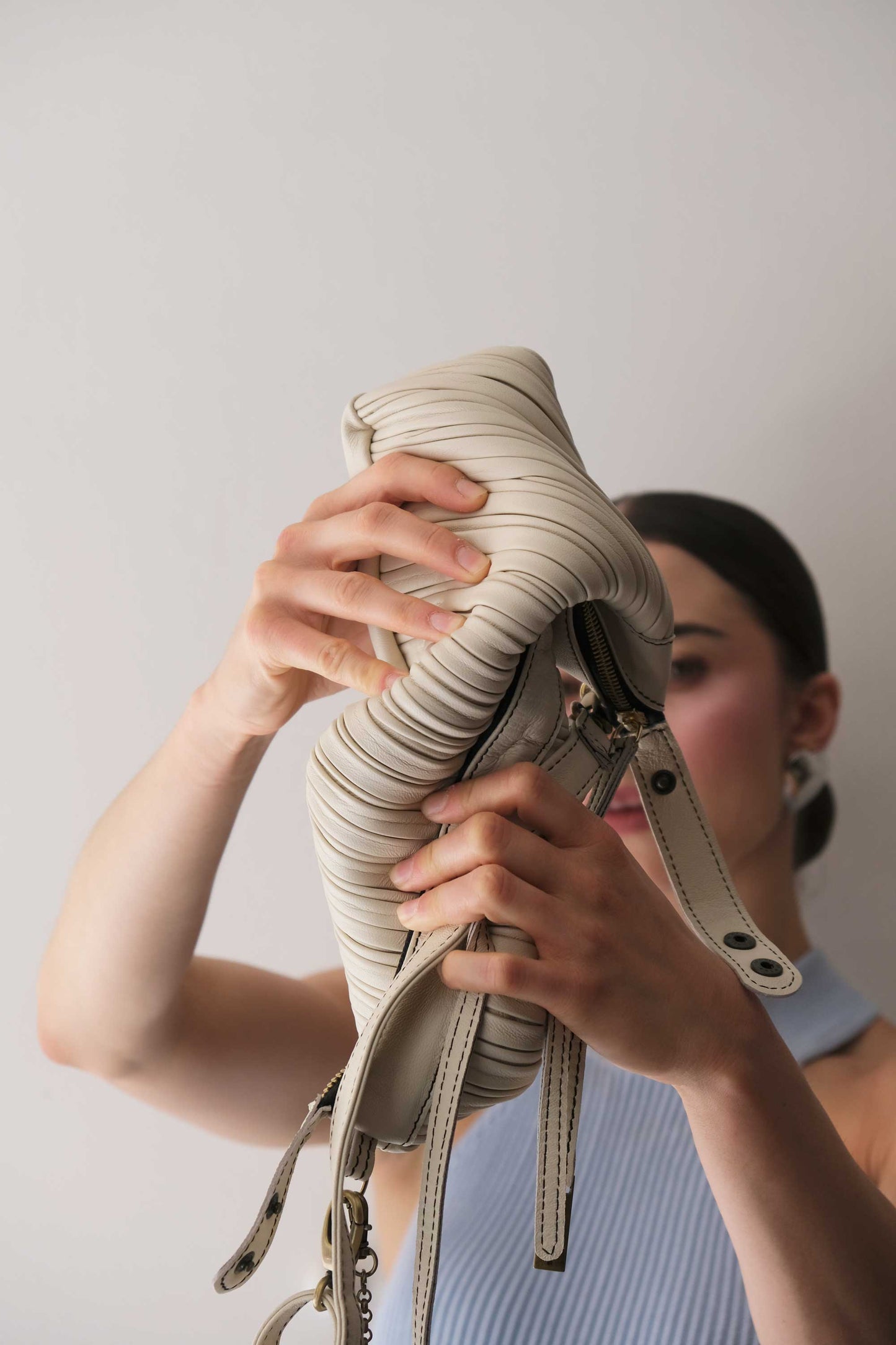 Chicca Media hobo bag in cream pleated leather - Made in Italy -
