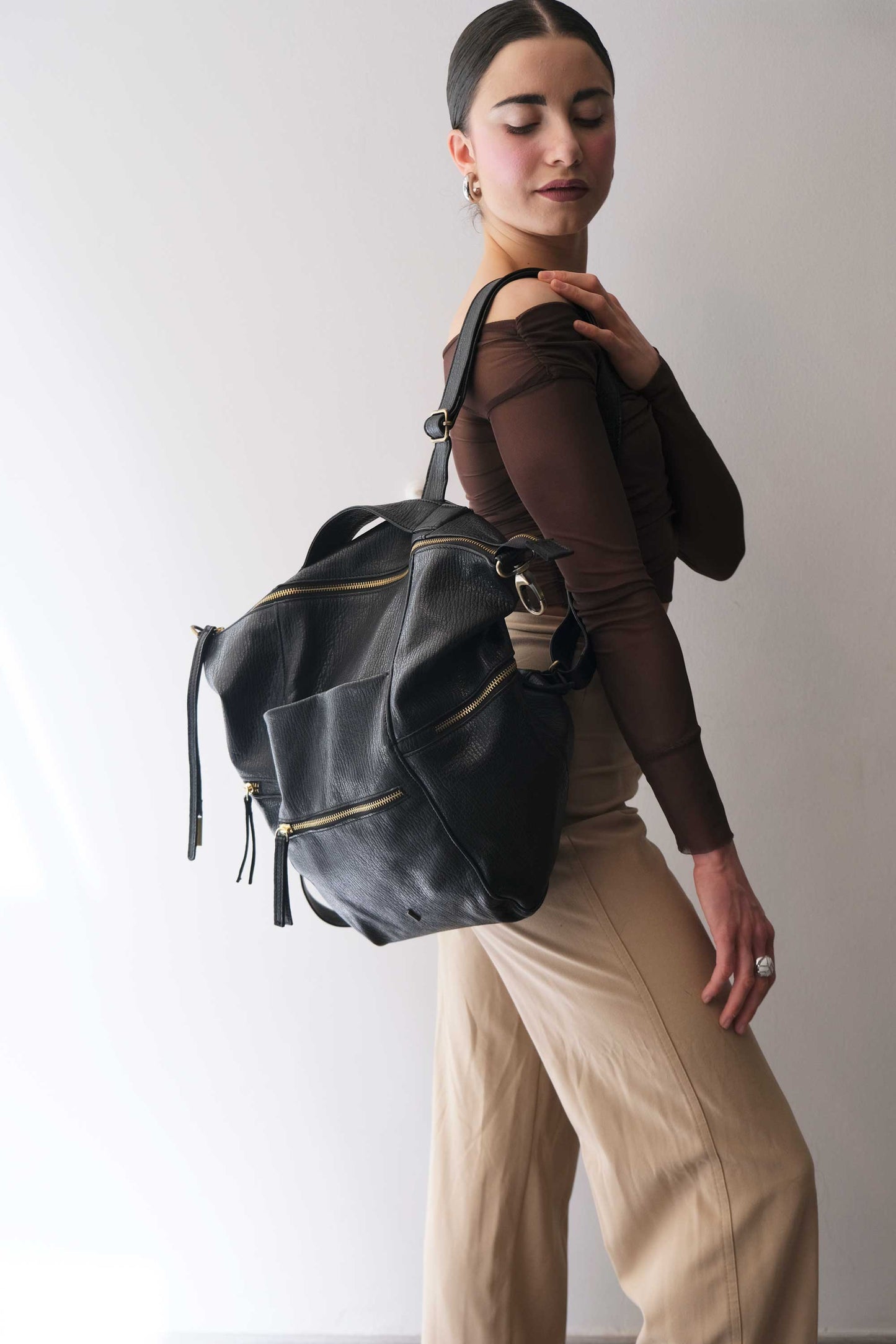 Vicky2 backpack in black shark-print vegetable-tanned nappa leather - Made in Italy -