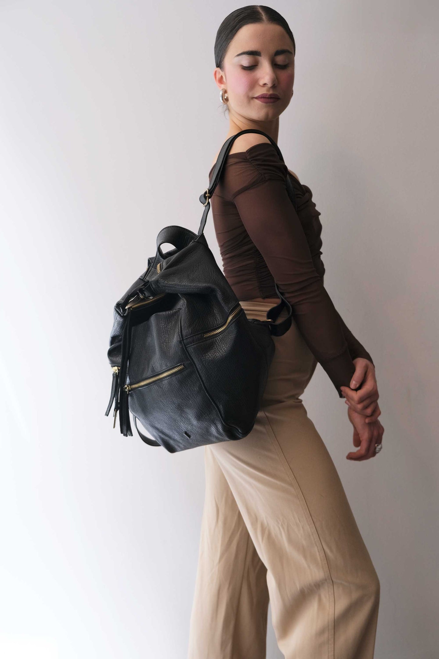 Vicky2 backpack in black shark-print vegetable-tanned nappa leather - Made in Italy -