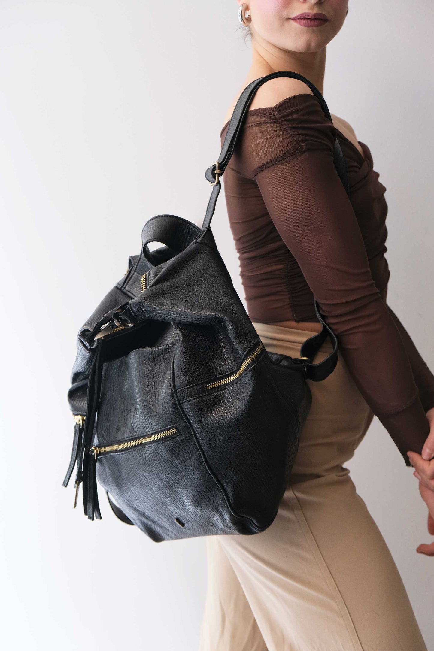 Vicky2 backpack in black shark-print vegetable-tanned nappa leather - Made in Italy -