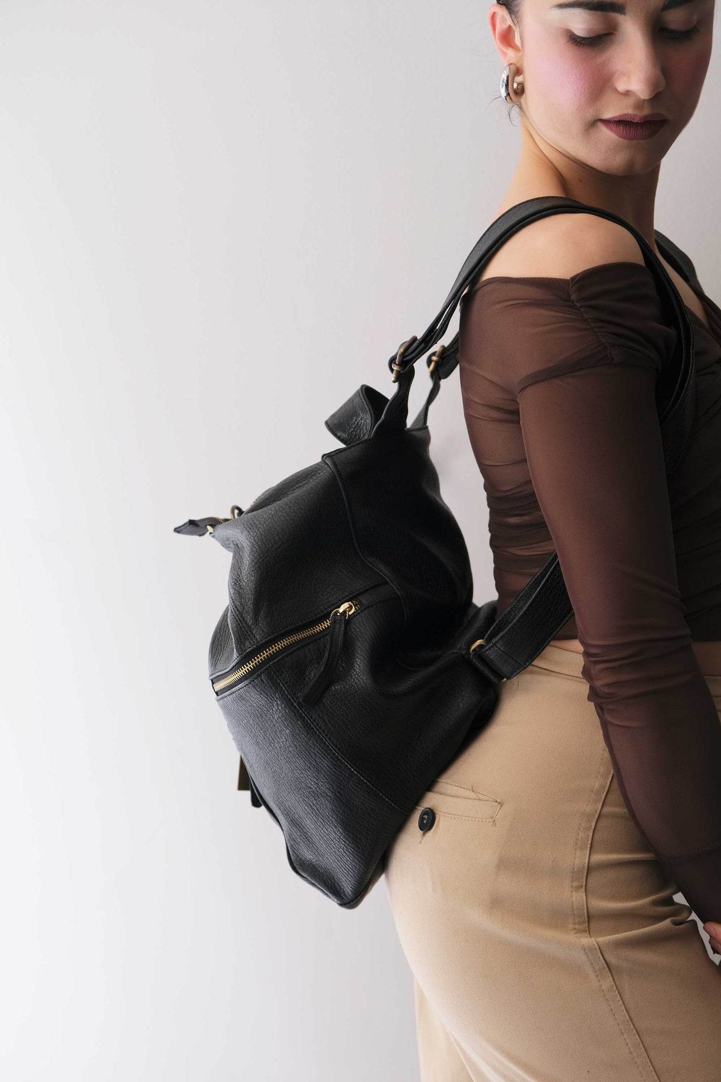 Vicky2 backpack in black shark-print vegetable-tanned nappa leather - Made in Italy -