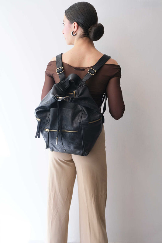 Vicky2 backpack in black shark-print vegetable-tanned nappa leather - Made in Italy -