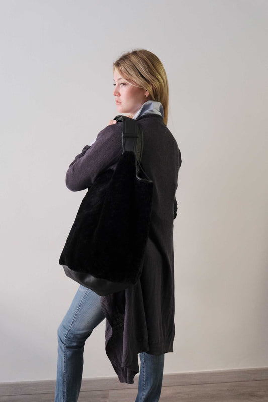 Lena tote bag in black shearling leather - Made in Italy -