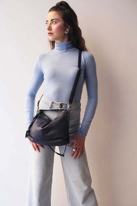 Rechi media hobo bag navy garment-dyed leather - Made in Italy -