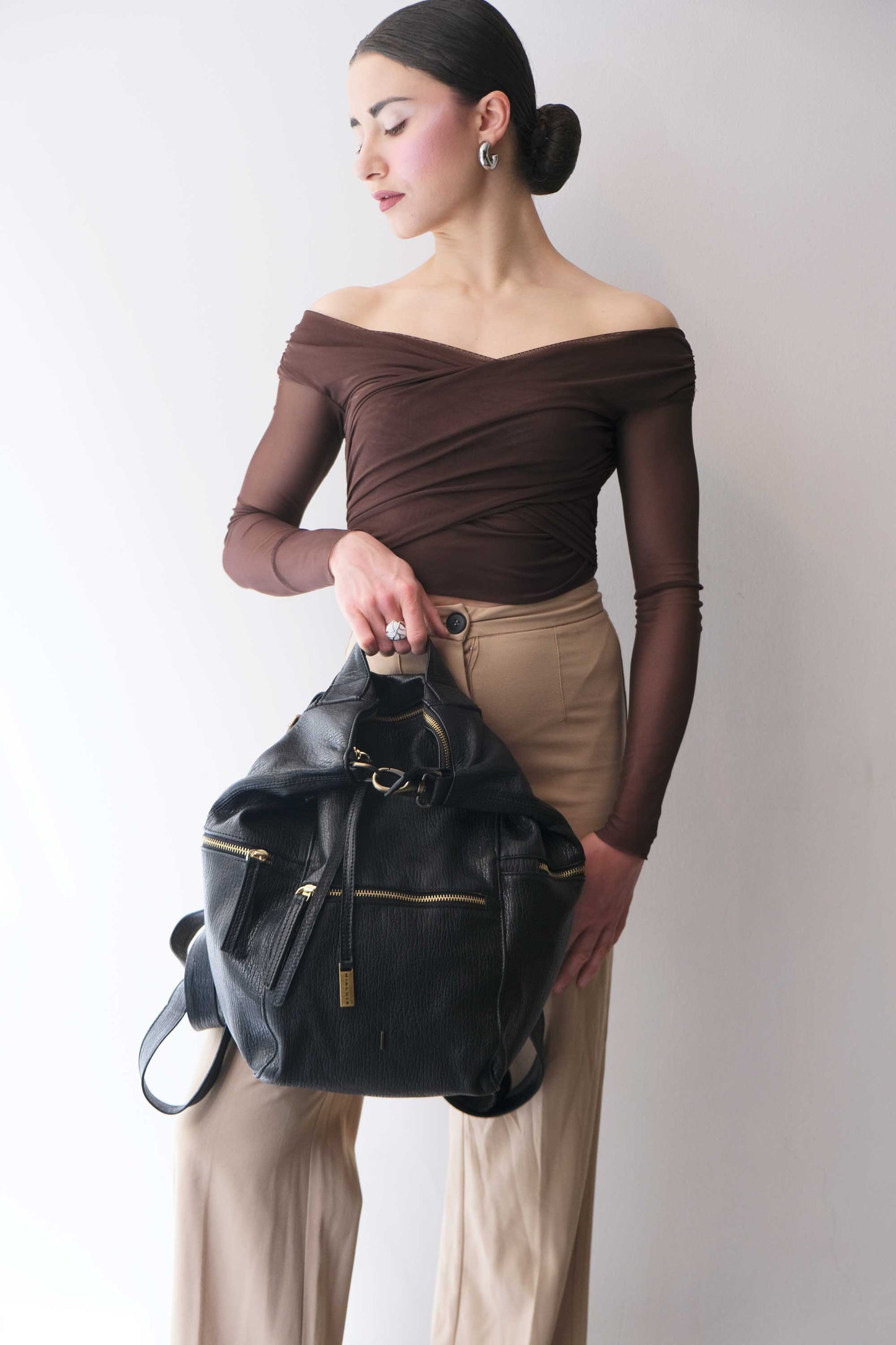 Vicky2 backpack in black shark-print vegetable-tanned nappa leather - Made in Italy -