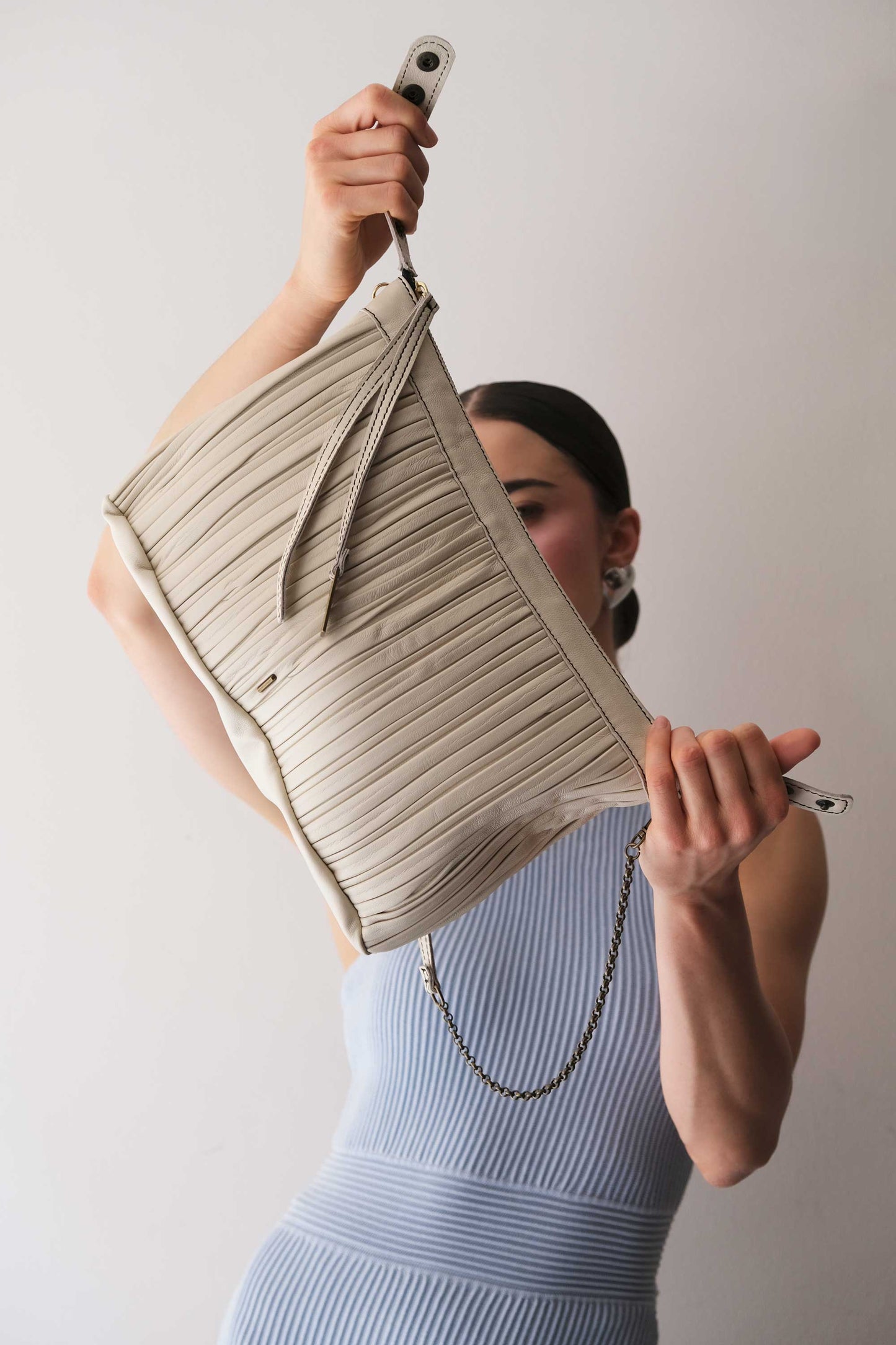 Chicca Media hobo bag in cream pleated leather - Made in Italy -