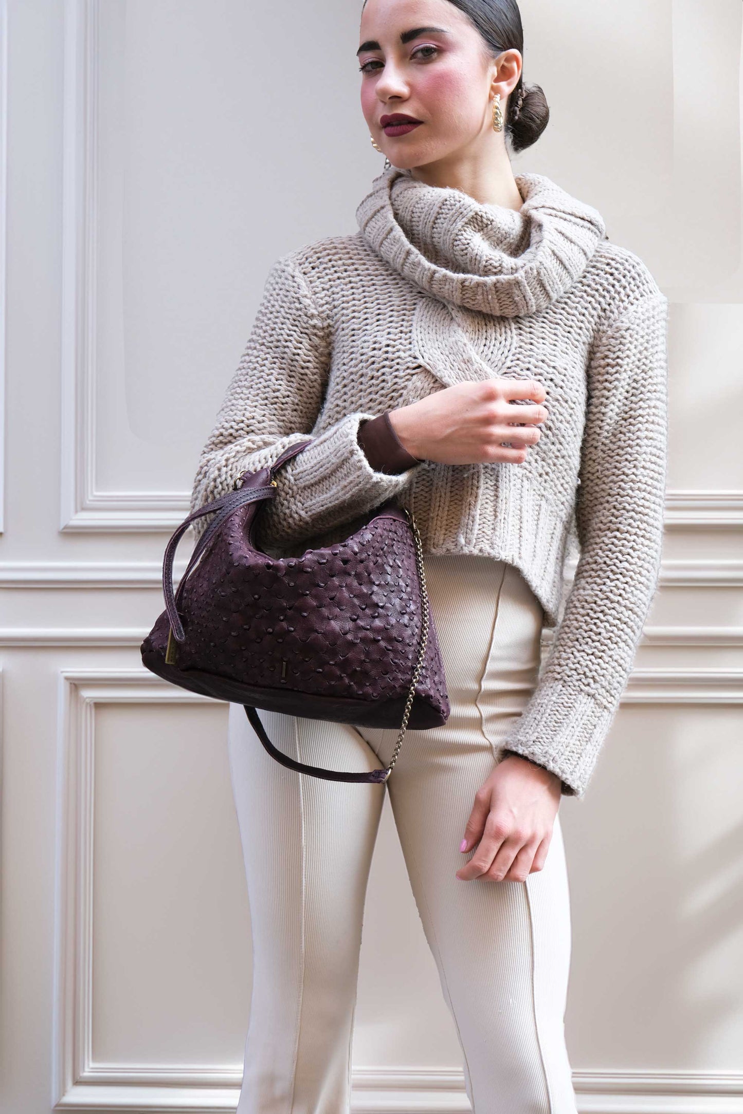 PRE ORDER discount 15%-Chicca Media hobo bag in plum perforated nappa - use code PREORDER15 - DELIVERY IS ESTIMATED WITHIN APPROXIMATELY 30 DAYS FROM THE ORDER DATE- Made in Italy -