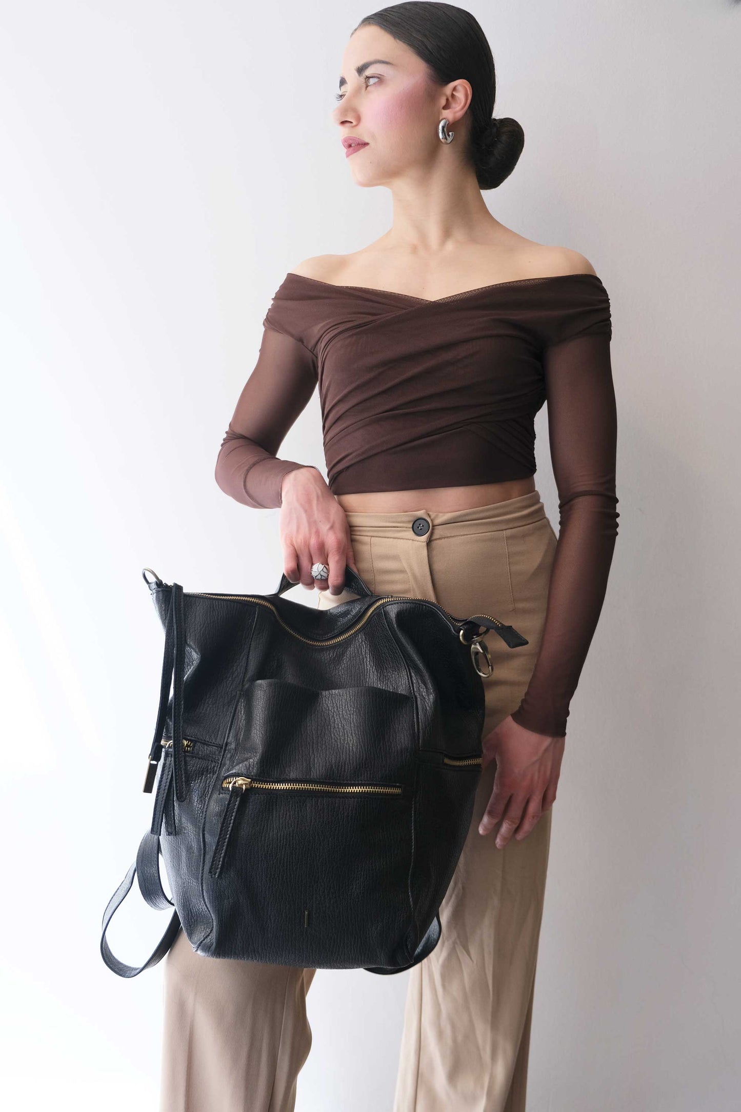 Vicky2 backpack in black shark-print vegetable-tanned nappa leather - Made in Italy -